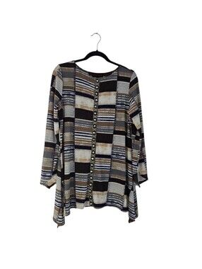 mishca blouse L Sequined Long Sleeve Blouse Button-Front Tunic Top - Black & Tan